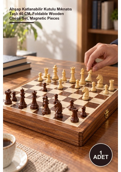 1 Adet Satranç Oyunu Ahşap Katlanabilir Kutulu Mıknatıs Taşlı 40 Cm, Foldable Wooden Chess Set, Magnetic Pieces