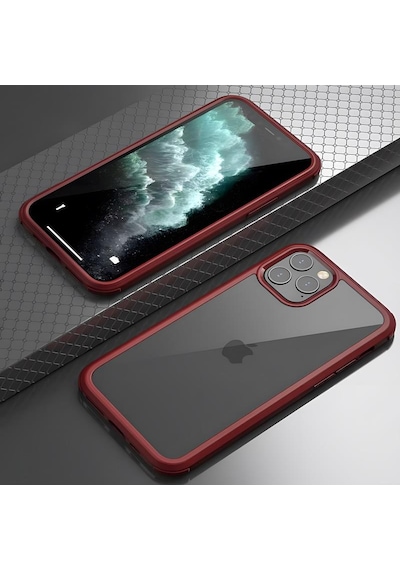 Apple Uyumlu iPhone 11 Pro Max Kılıf Dor Silikon Temperli Cam Kapak Kırmızı