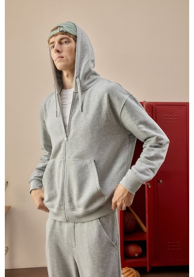 Defacto Relax Fıt Kapüşonlu İçi Yumuşak Tüylü Kalın Kumaş Fermuarlı Sweatshirt D7599ax26augr210 Gri-gr210