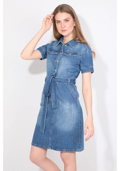 Blue White Kadın Kısa Kol Jean Elbise