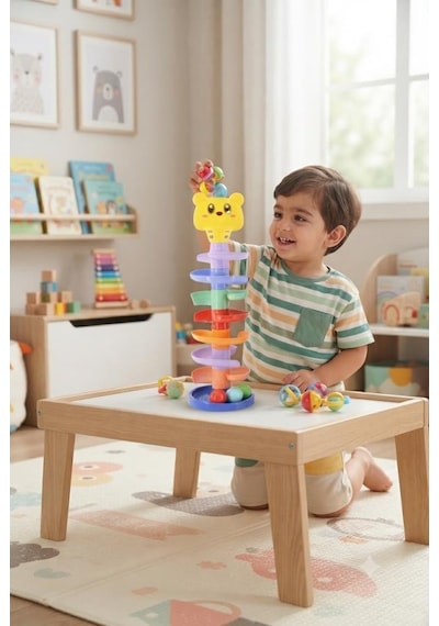 Gökkuşağı Kule 8 Katlı Eğitici Top Yuvarlama Oyuncağı 4 Çıngıraklı Toplu 8 Katlı Oyuncak Kule