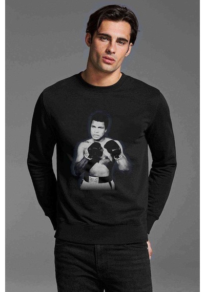 Muhammed Ali Everlast Baskılı Siyah Erkek Örme Sweatshirt