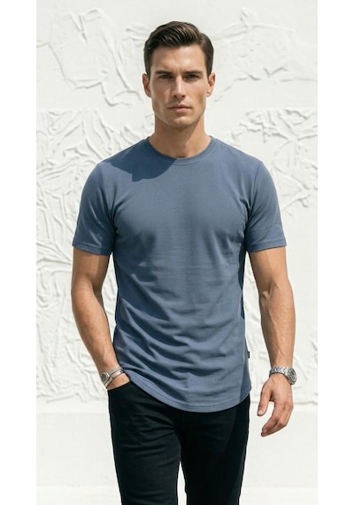 Plus Scorpion Erkek Slim Fit Basic Tişört Esnek, Terletmeyen Pike Dokulu Kumaş İndigo