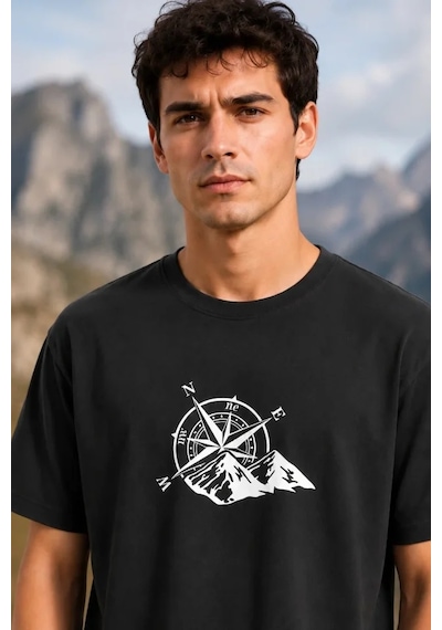Modi Erkek Outdoor Pusula Dağ Baskılı Kısa Kollu Oversize T-shirt - Siyah