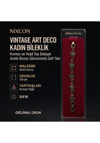 Vintage Art Deco Kadın Bileklik Kırmızı Ve Yeşil Taş Detaylı Antik Bronz Görünümlü Zarif Takı