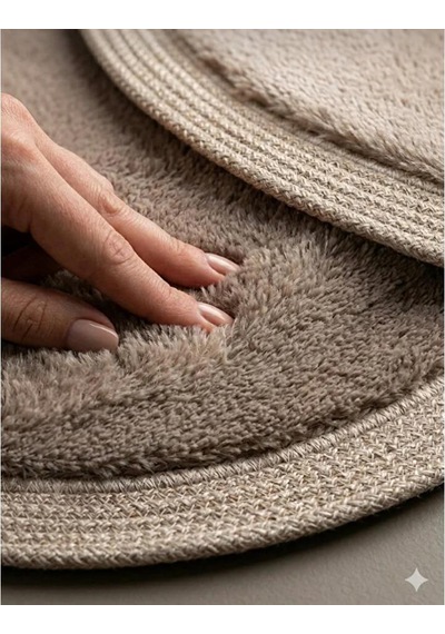 Kaymaz Taban Peluş Banyo Paspası Seti Kahverengi Rengi Jüt Kenar Detaylı 2'li Oval Yuvarlak 100x60 60x60 Kahverengi - Krem