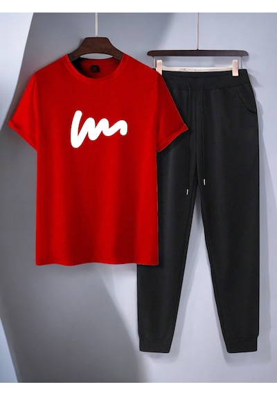 Uyguntarz Unisex W Yazı Tasarım Basklı Tshirt Eşofman Takımı Kırmızı