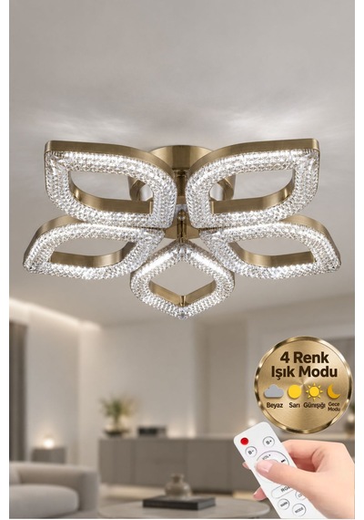 Yonca Model Eskitme Kumandalı 5"li Ledli 3 Renk Modu Kristal Salon Mutfak Yatak Çocuk Odası Avize Altın