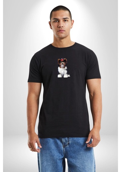Biewer Yorshire Terrier Siyah Oversize Unisex Ön Orta Minimal Baskılı Tişört Siyah