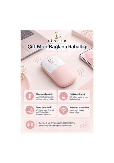 Şarjlı Kablosuz Pembe Mouse Bluetooth + 2.4g Çift Modlu Type-c Şarjlı Sessiz Tuşlu Ergonomik Optik 1200/1600 Dpı Taşınabilir Mouse Çok Renkli Diğer