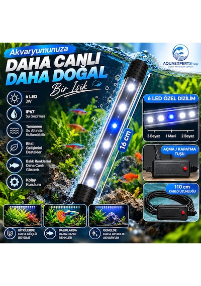 Akvaryum Işığı - Balık Işığı - Tamamen Su İçinde Kullanılabilir - 16 Cm - 6 Led - Mavi Beyaz - Açma Kapatma Tuşlu - 3w - Güçlü Işık
