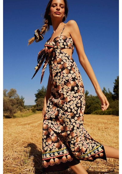Defacto Lug Von Siga x DeFacto Bodycon Desenli Askılı Poplin Midi Elbise C1297AX24SMBK81
