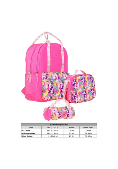 Kaukko Double Stripe Kız Çocuk İlkokul Üçlü Okul Çantası Seti - Pembe - Yaprak Desenli Pembe