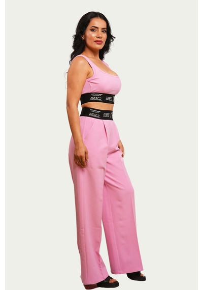 Canım Kendim Store Pembe Lastik Detaylı Crop Ve Lastik Detay Pantolon İkili Takım Pembe