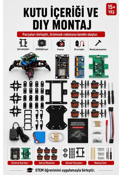 Arduino Örümcek Robot Kiti Wifi Kontrollü 8 Servo Motorlu Programlanabilir Stem Robotik Kodlama Seti - 867322301