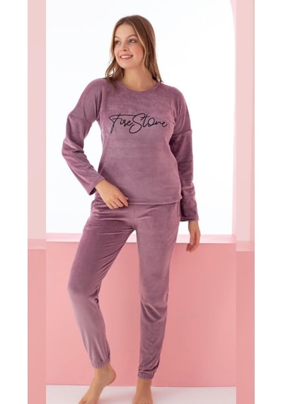 Farya Home Luxury Velvet Fransız Kadife Yazı Detaylı Pijama Takımı Lila