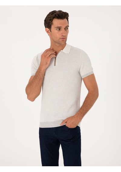 Açık Gri Slim Fit %100 Pamuk Fermuarlı Polo Yaka Triko T-shirt