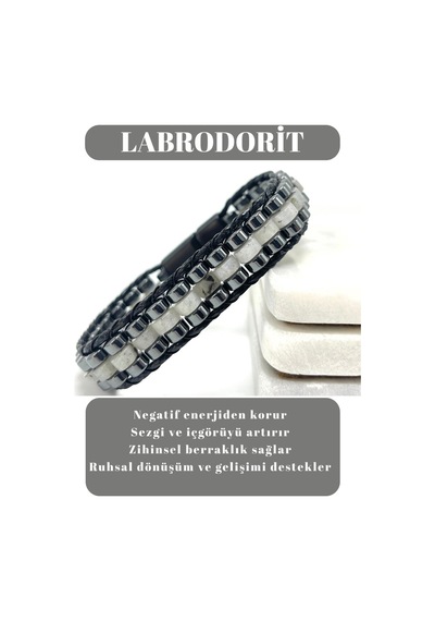 Sertifikalı Labrodorit Disk Model Doğal Taş Erkek Bileklik Kilitli Kapama Gri