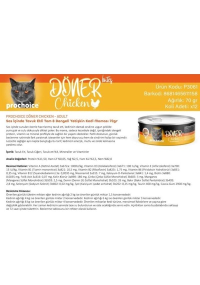 Prochoice Döner Bites Sos İçinde Tavuk Etli Yetişkin Kedi Konservesi 70 Gr
