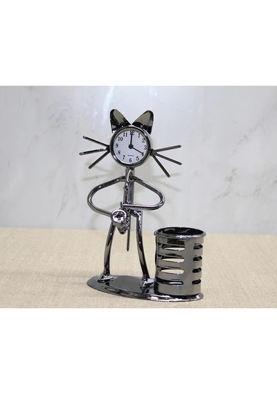 Metal Saksafon Çalan Kedi Müzisyen Saat Ve Kalemlik Alk4343 Çok Renkli