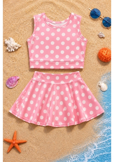 Esila Kids Kız Çocuk Puantiyeli Etekli Mayo Takımı Açık Pembe