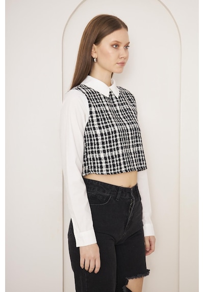 Darlin Moda Siyah Tweed Gömlek Yaka Crop Bluz Dm9002 Siyah