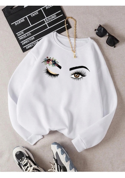Startmore Kod Adr-shen Ezwear Floral & Figure Graphic Thermal Lined Sweatshirt Beyaz