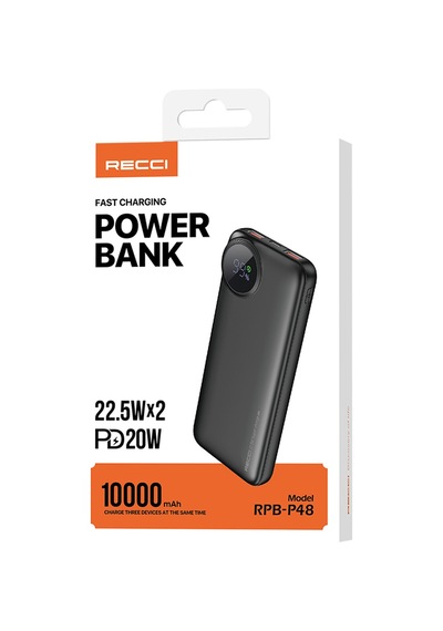 Recci RPB-P48 22.5W 10000 mAh  PD 20 W Dijital Led Göstergeli Hızlı Şarj Powerbank Siyah
