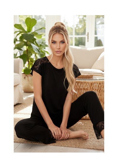 Siyah İnci Soft Touch İnce Mevsimlik Dantel Detaylı Örme Pijama Takım7864 Siyah