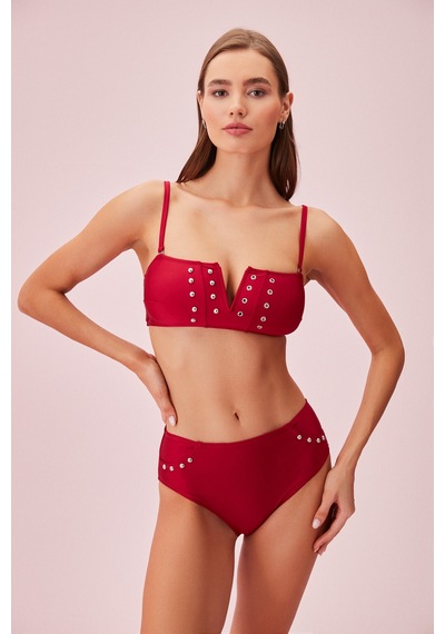 Suwen Bianca V Yaka Boncuk Detaylı Bandeu Bikini Üst Sb25785020d020 Bordo