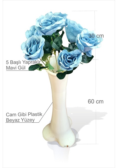 Büyük Uzun 5 Başlı Mavi Gül 60 Cm Kırılmaz İnce Belli Beyaz Vazo