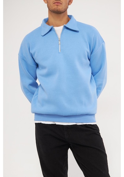 Ghassy Co. Erkek Polo Yaka Oversize Yarım Fermuarlı Sweatshirt Açık Mavi