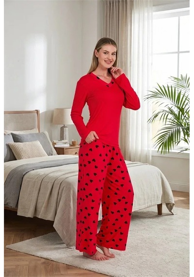 Go İthalat Kadın Şık Tasarım Desenli Geniş Paçalı Yumuşak Dokulu Viskon Kumaş V Yaka 2'li Pijama Takımı Kırmızı