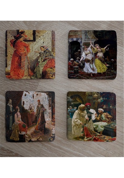 Oryantal Harem Halı Satıcısı Ev Tüccarlar Doğal Taş Bardak Altlığı 4'lü Set - Natural Stone Coasters - Taş Çok Renkli