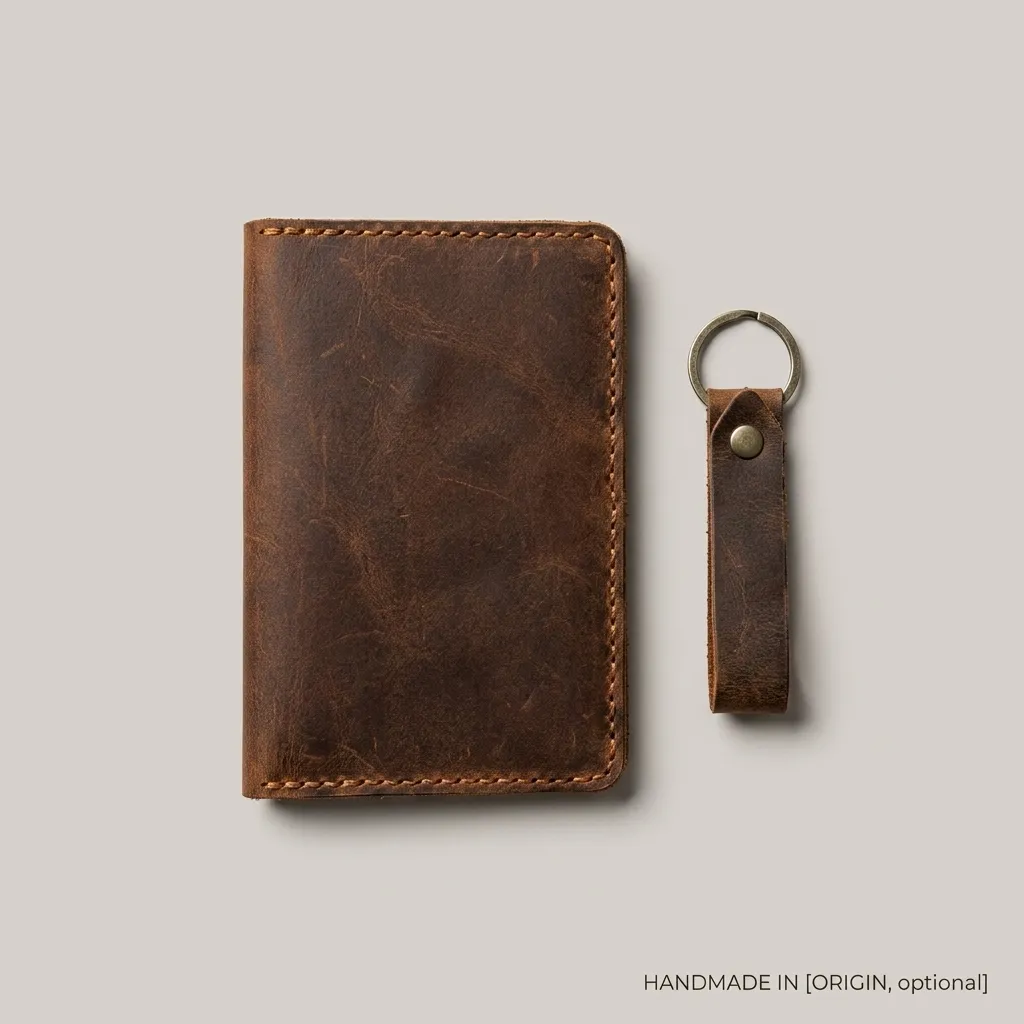 Natderi %100 Hakiki Deri Pasaport Kılıfı Ve Anahtarlık Seti - El Dikişli Özel Deri Pasaportluk 10x15 Cm Taba