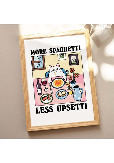 Daha Fazla Spagetti Daha Az Pişmanlık Kedi Baskısı, Retro Lokanta Posteri, Bistro Yemek Makarna Posterleri