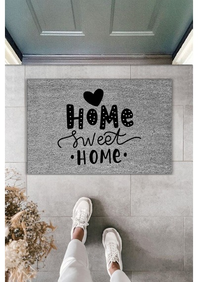 Rugmood Modern Dijital Baskı Paspas - Kalp Home Sweet Home - Kapı Önü Paspası 70x45cm Gri