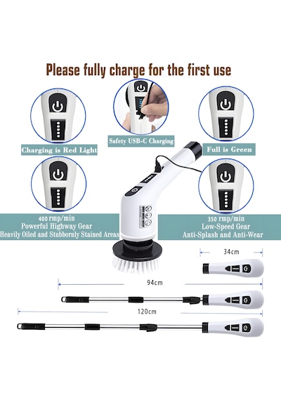 Cevval Jy-6010 Elektrikli Spin Scrubber - 7 Başlıklı Teleskopik Saplı Turbo Temizlik Fırçası Banyo, Mutfak, Araç Uyumlu