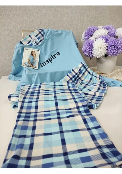 Mihra Renkli Milan Kumaş Sıfır Yaka Kadın Pijama Takımı 50107 Mavi