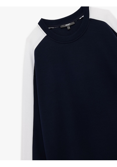 Koton Pamuklu Renk Kontrastlı Uzun Kollu Bisiklet Yaka Sweatshirt Lacivert 7wam70047mk