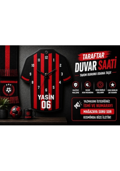 İsimli Taraftar Duvar Saati , Kişiye Özel - Hediyelik İsimli Kırmızı Siyah Forma Duvar Saati
