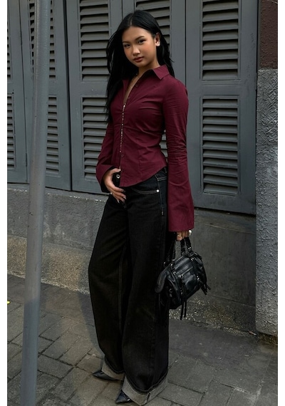 Madmext Bordo Vücuda Oturan Slim Fit Kadın Gömlek Mg2659 Bordo