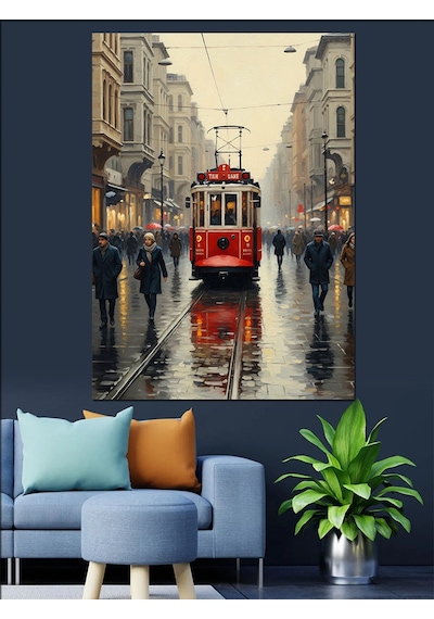 Ahşap Tablo Yağmurlu Kırmızı Tramvay Sokak