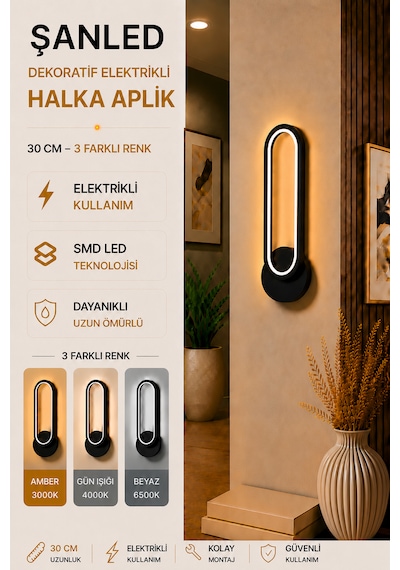 Dekoratif 20w Halka Modeli İç Mekan Siyah Kasa 3 Renkli Işık Elektrikli 30 Cm Duvar Aplik