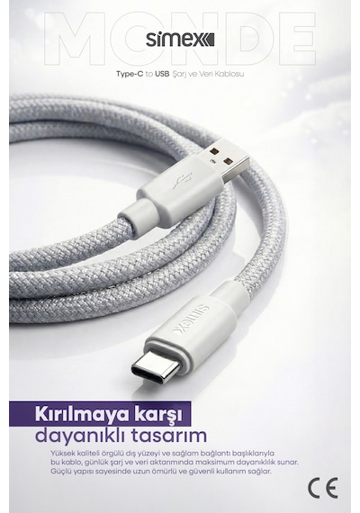 Simex 120w/67w/33w Usb To Type-c Ultra Turbo Hızlı Şarj Kablosu Xiaomi Uyumlu, Gri, 1 Metre