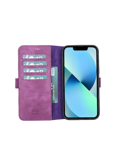 Apple Uyumlu iPhone 13 Pro Max Deri Cüzdanlı Kılıf Rustik Mor