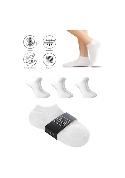 Saysez Bambu Erkek Patik Düz Beyaz Renk Çorap Dikişsiz Premium 3'lü Paket Beyaz