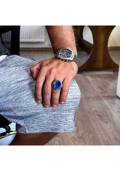 925 Ayar Gümüş Erkek Yüzük, Yapay Taşlı, El Yapımı Vintage Tasarım İfade Yüzüğü Yapay Mavi Paraiba Gümüş