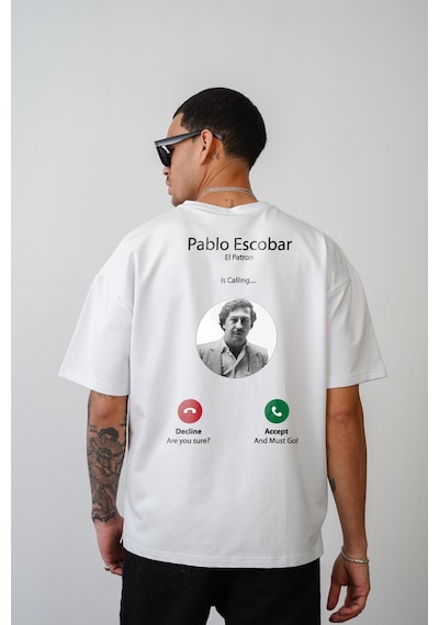 King-Brich Oversize Kalıp Pablo Escobar İs Calling Baskılı Unisex Tişört Beyaz