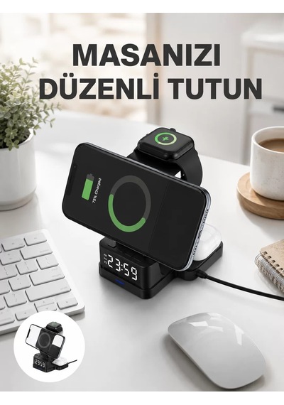 Kablosuz Şarjlı Dijital Masa Saati 3 Parlaklık Seviyeli Led Hızlı Şarj Apple Uyumlu Yeni Nesil Diğer